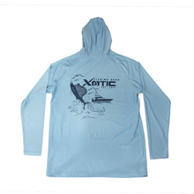 Load image into Gallery viewer, Light Blue Hooded Performance Shirt with Repel X - Jumping Sailfish - Xotic Camo &amp; Fishing Gear -HDLTBLJMPSLF1